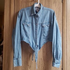 Vintage Rockmount Ranch Wear Denim Shirt Crop Top LARGE  Western Stonewashed USA